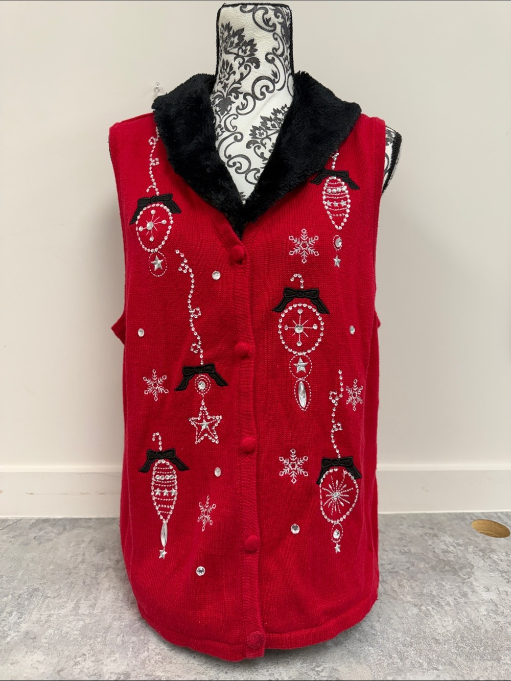 Merry & Bright Faux Fur Collar Holiday Sweater Vest L Embellished
